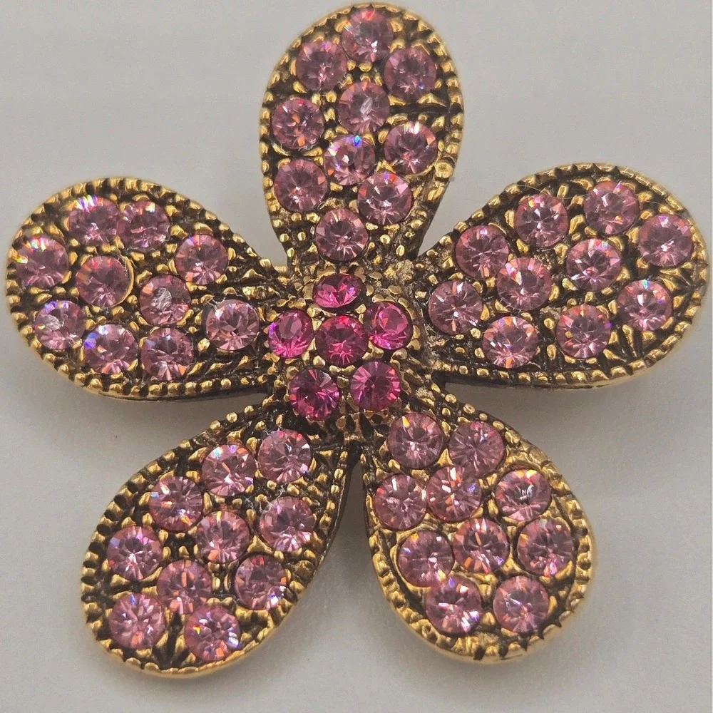 Vintage Rhinestone Brooch Set of‎ 2 Gold Tone Pink Heart Floral Butterfly Pins